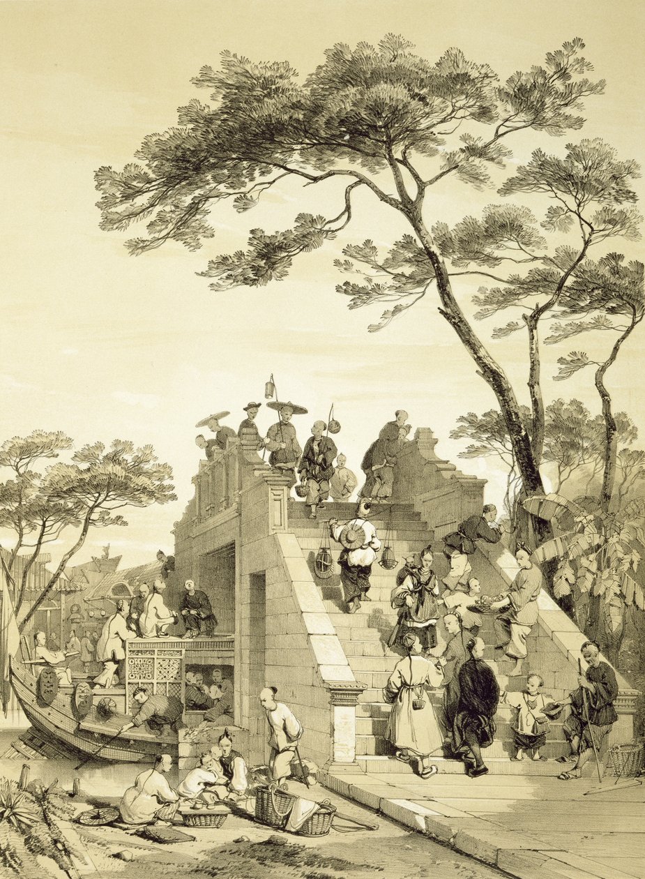 カントン近くの橋、「中国のスケッチ」のプレート30、ユージーンシセリ（1813-90）1842年（刻印litho）の彫刻 作： オーギュスト・ボルジェ