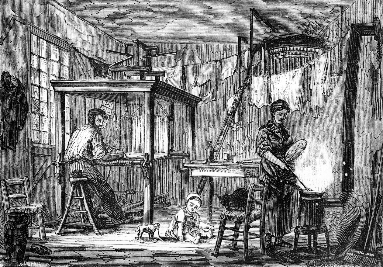 リヨネの織工とその家族、1880年頃（リトグラフ） 作： オーギュスト・ジェラルディン