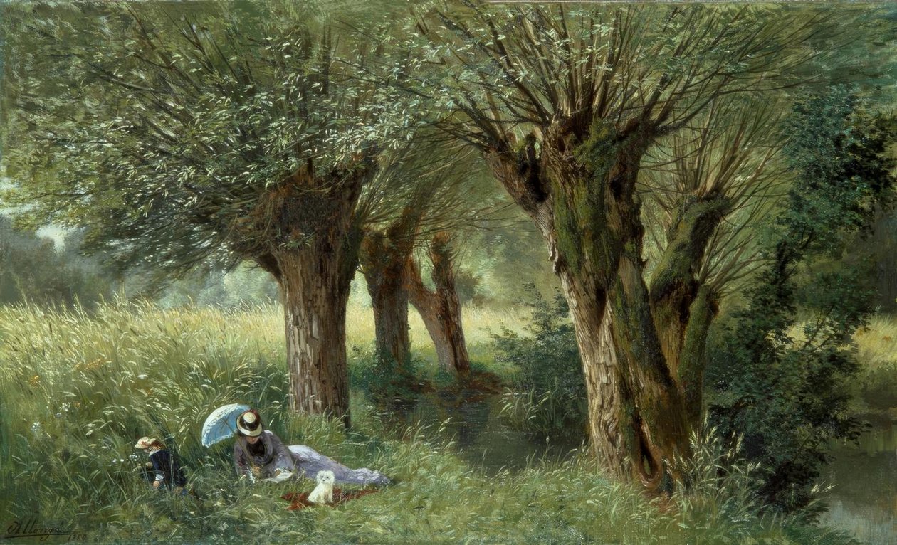 A.Allonge、牧草地で-絵画、1880 作： オーギュスト・アロンゲ