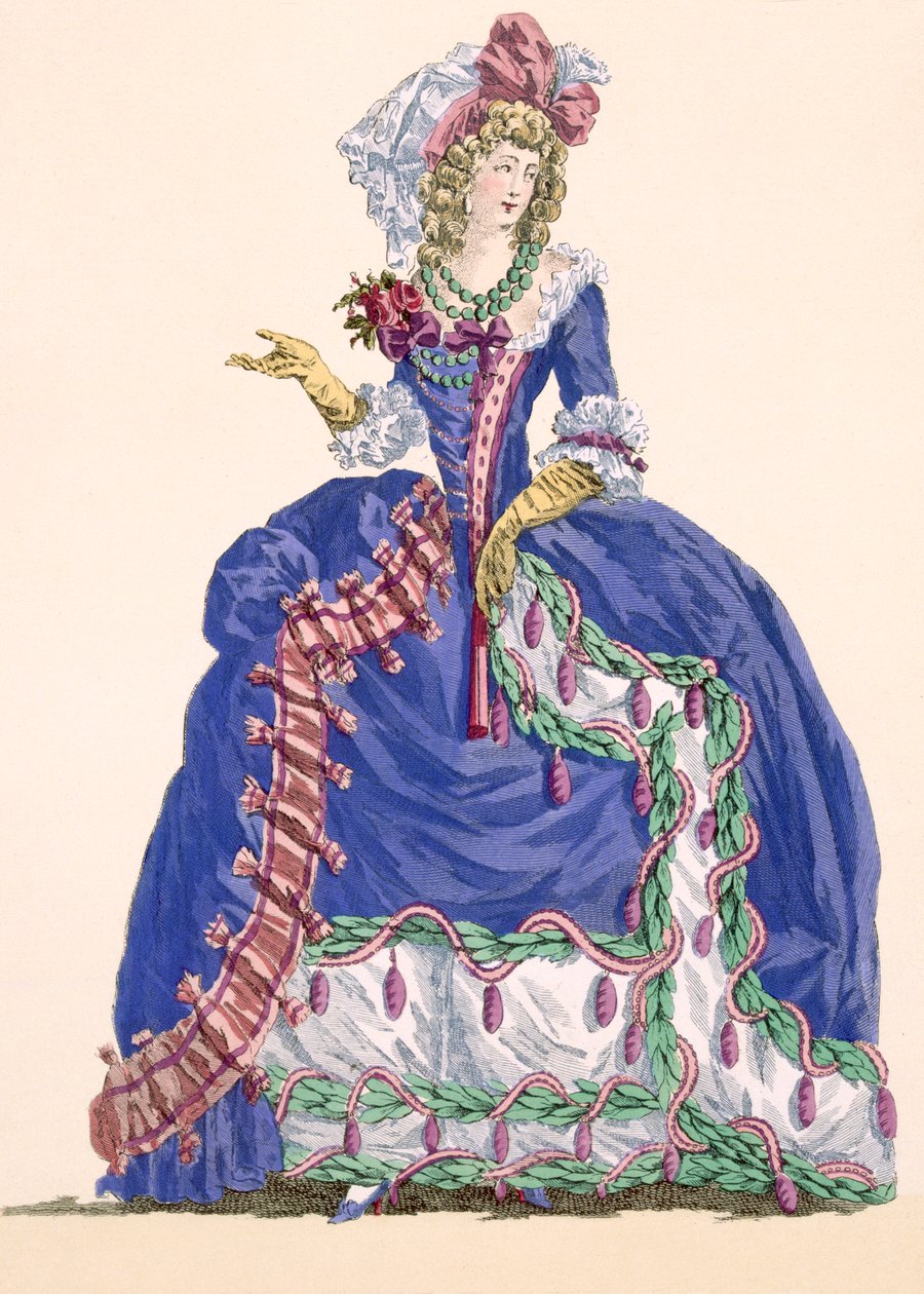 Dupinが刻印したタッセルエッジを施したエレクトリックブルーの精巧なコートドレス、「Galeries des Modes et Costumes Francais」のプレート番号275、c.1778-87 99：衣類。伝統的なドレス 作： オーギュスタン・ド・サン・トーバン