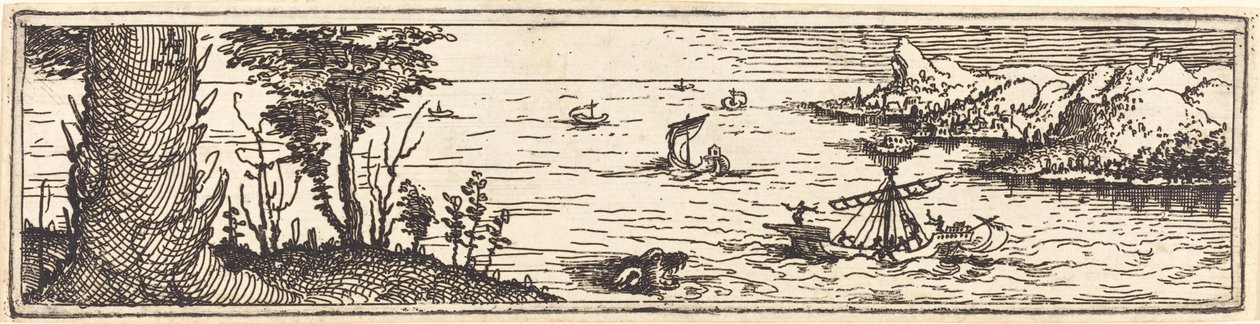湖と帆船のある風景、1545年。 作： オーガスティン・ヒルシュフォーゲル
