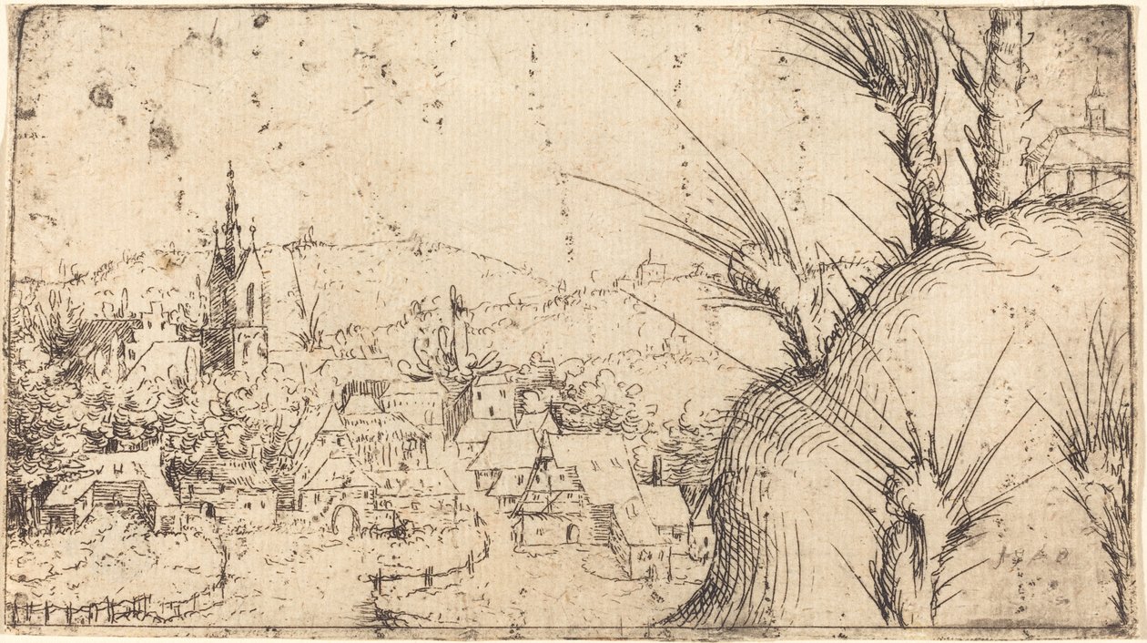 左に町のある風景、1549年。 作： オーガスティン・ヒルシュフォーゲル