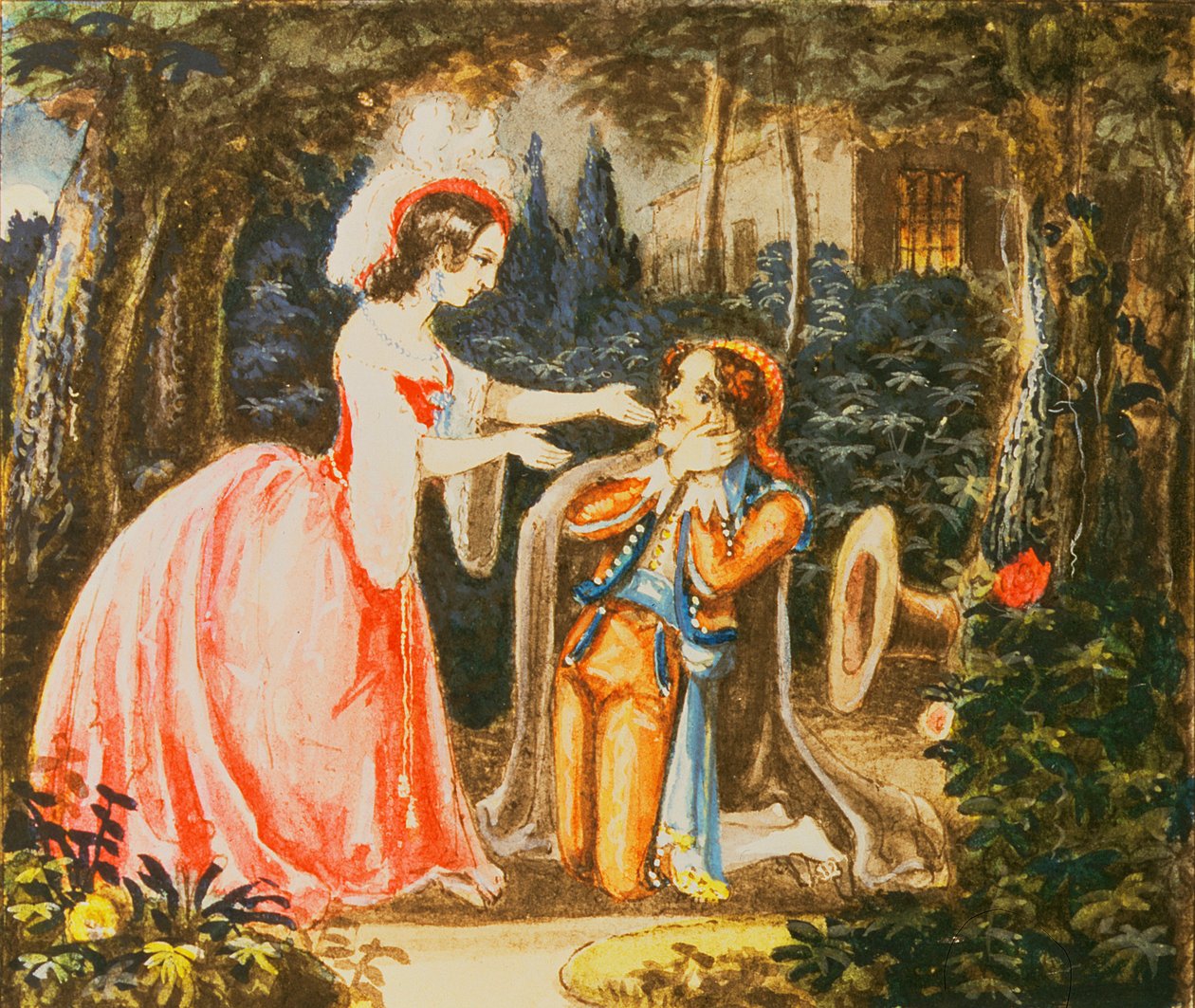 ヴォルフガング・アマデウス・モーツァルト（1756-91）の「フィガロの結婚」より、アルマヴィヴァ伯爵が妻の前でひざまずいて、第4幕 作： オーストリア学派