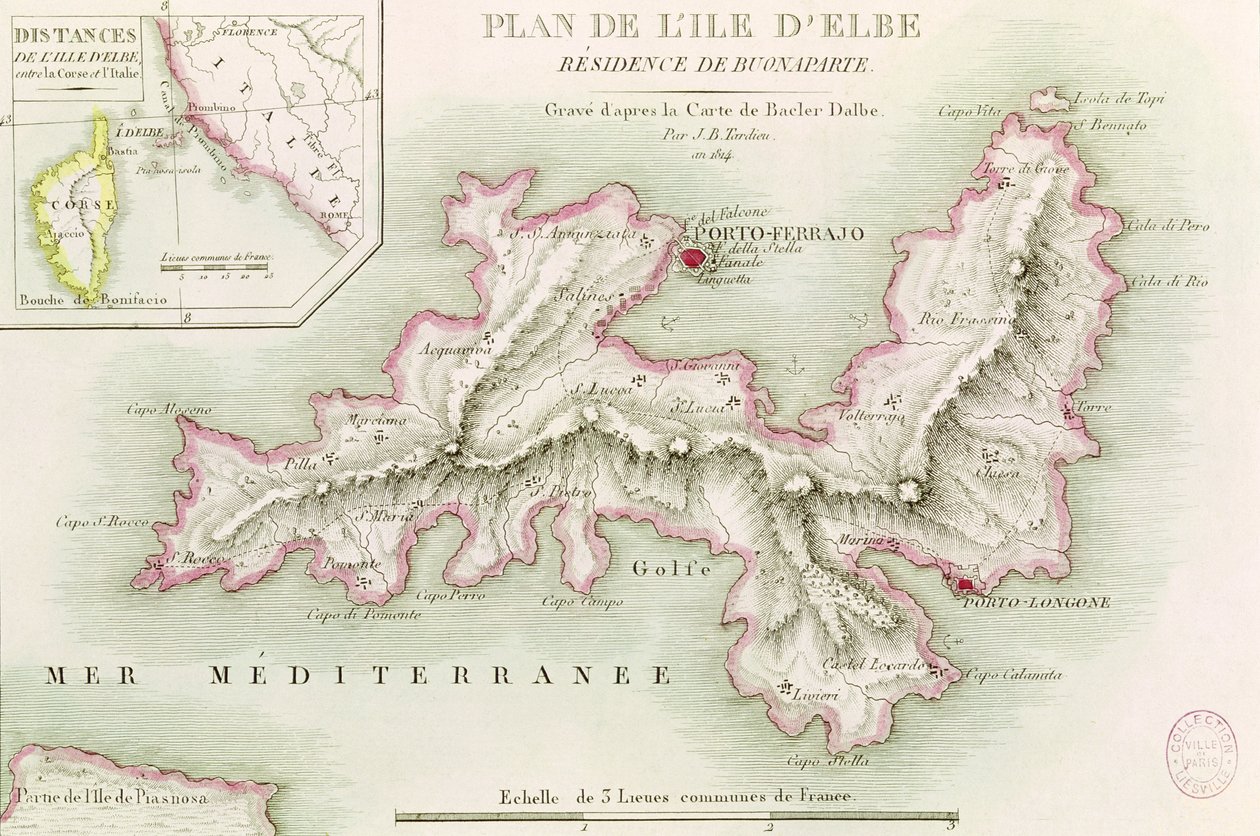 エルバ島の地図、ジャンバプティストタルデュー（1768〜1837年）、1814年 作： ルイ・アルバート・バクレル・ダルベ男爵