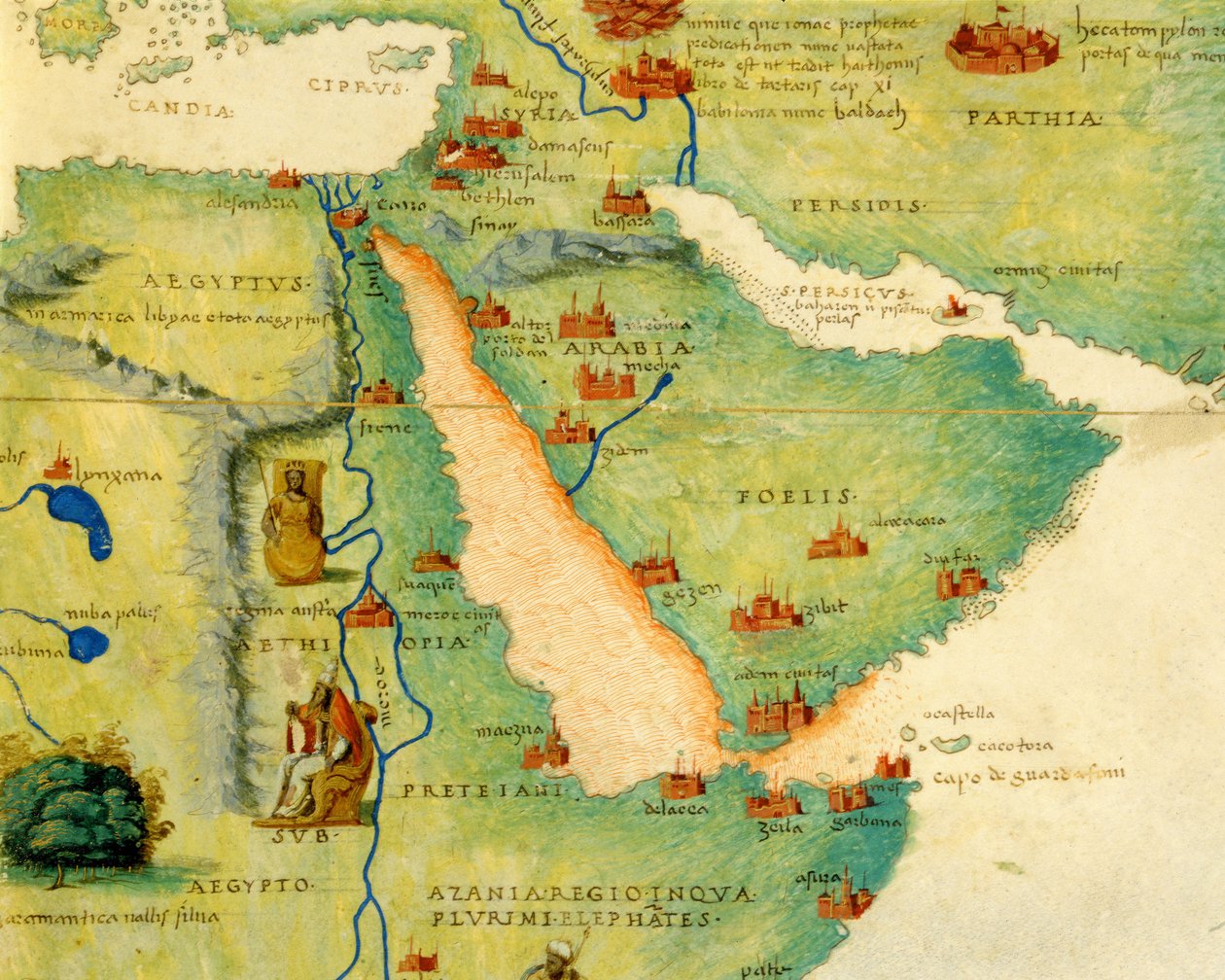 1553年9月1日、ベニスの33の地図にある世界地図からのエチオピア、紅海、サウジアラビア（ベラムのインク）（330946からの詳細） 作： バッティスタ・アグネーゼ