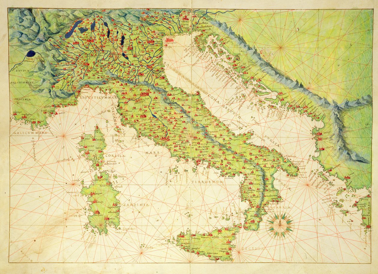 イタリア、33マップの世界地図、ヴェネツィア、1553年9月1日（ベラムにインク） 作： バッティスタ・アグネーゼ
