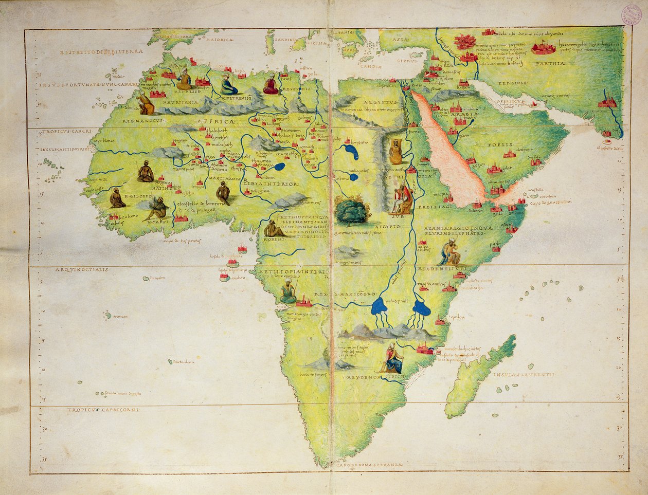 1553年9月1日、ヴェネツィアの33の地図にあるアトラスオブザワールドのアフリカ大陸（ベラムのインク）（330947も参照） 作： バッティスタ・アグネーゼ
