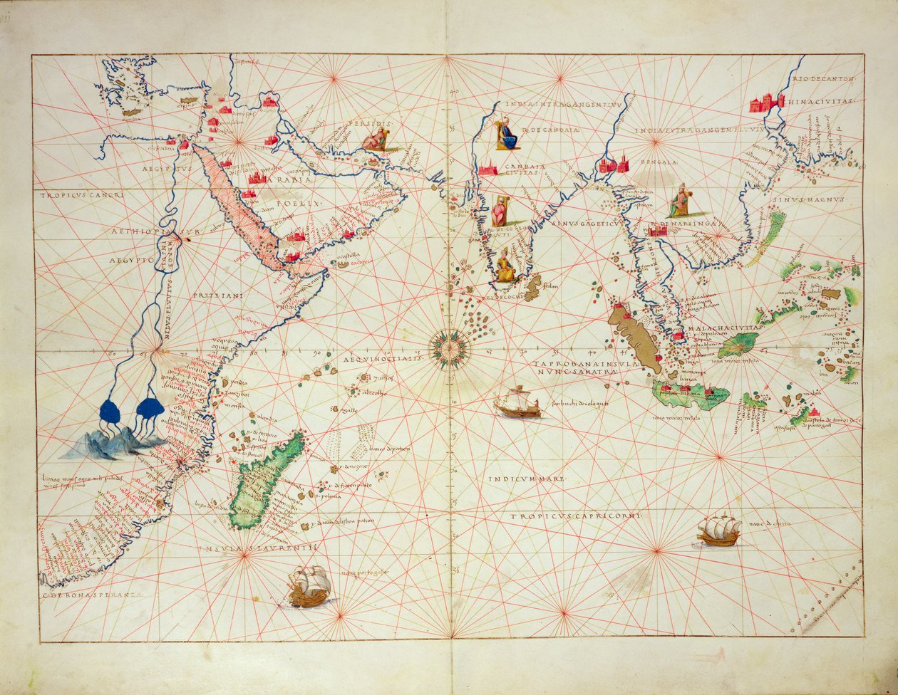 1553年9月1日、ベニスの33マップにある世界地図からのインド洋（ベラムのインク）（330956も参照） 作： バッティスタ・アグネーゼ