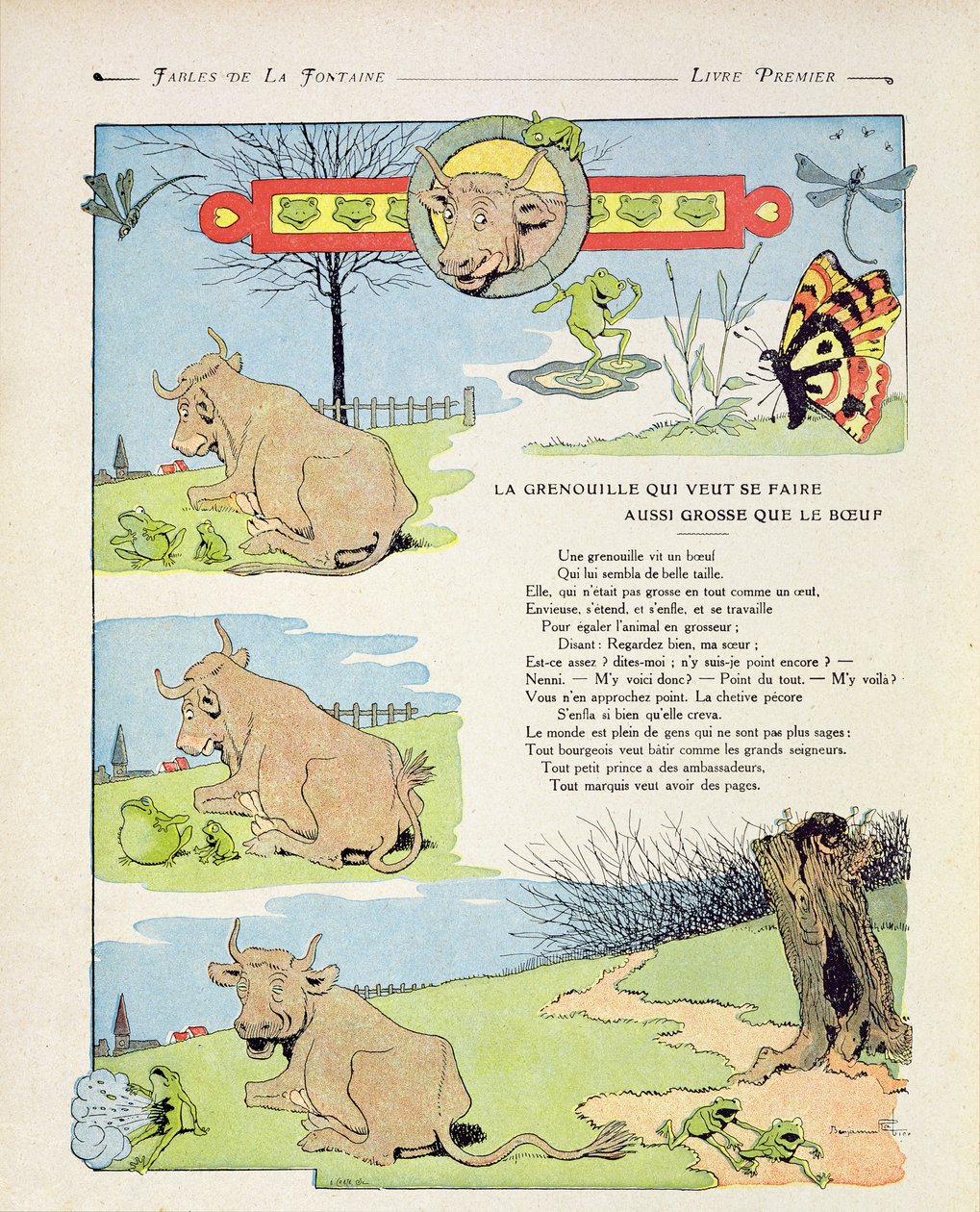 牛と同じくらい太くなりたかったカエル、ジャン・デ・ラ・フォンテーヌの「寓話」のイラスト、1906年版 作： ベンジャミン・ラビエ