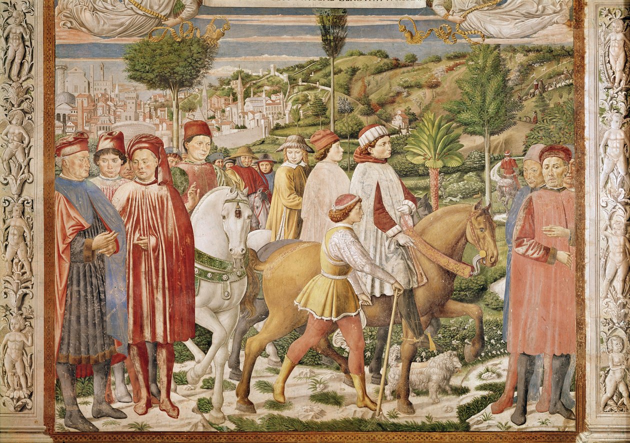 聖アウグスティヌスは1463-65年の聖アウグスティヌスの生涯から、ローマに向けてミラノへ向けて出発します。 作： ベノッツォディレディディサンドロゴッツォーリ