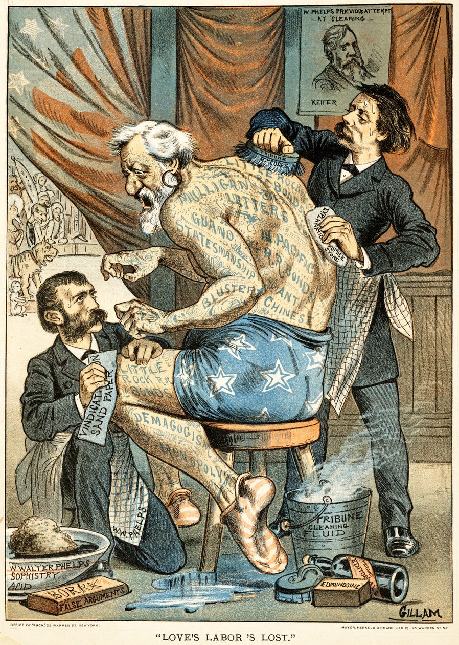 1884年のパックマガジンに掲載された愛の労働力の喪失（カラークロモリソグラフ） 作： バーナード・ギラム