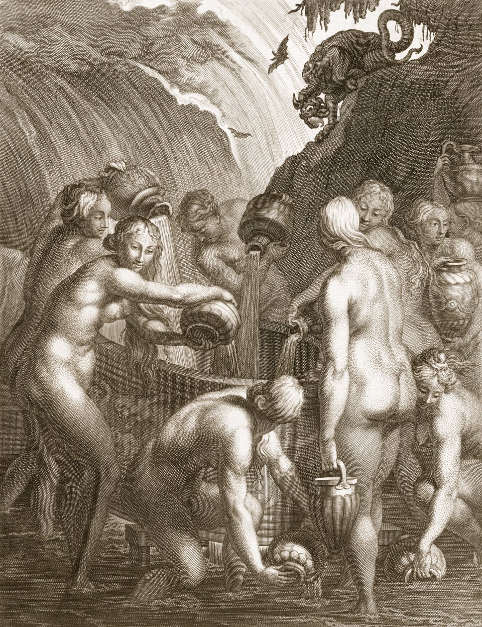 1730年、退屈な船に水を満たすことを非難したDanaids 作： バーナード・ピカール