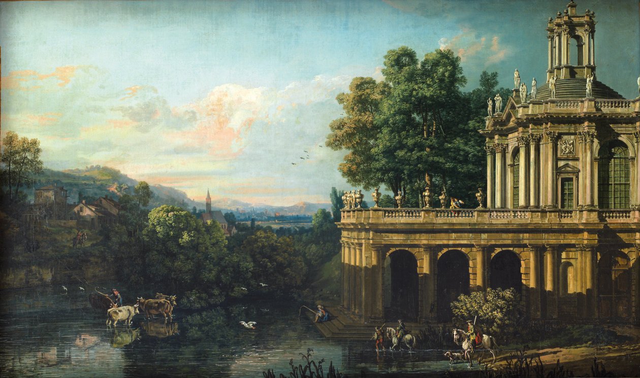 宮殿のある建築のカプリッチョ、c。 1766 作： ベルナルド・ベロット（カナレット）