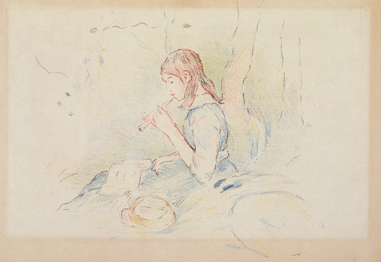 フラジオレット奏者、1890年（紙に色鉛筆） 作： ベルト・モリゾ