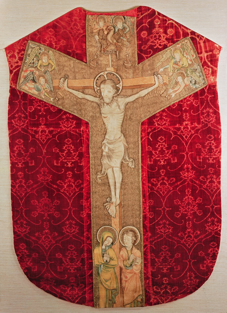 14世紀後半の聖母マリアと天使とのはりつけを描いたボヘミアンチャズブルの刺繍されたオルフリー（テキスタイル） 作： ボヘミアンスクール