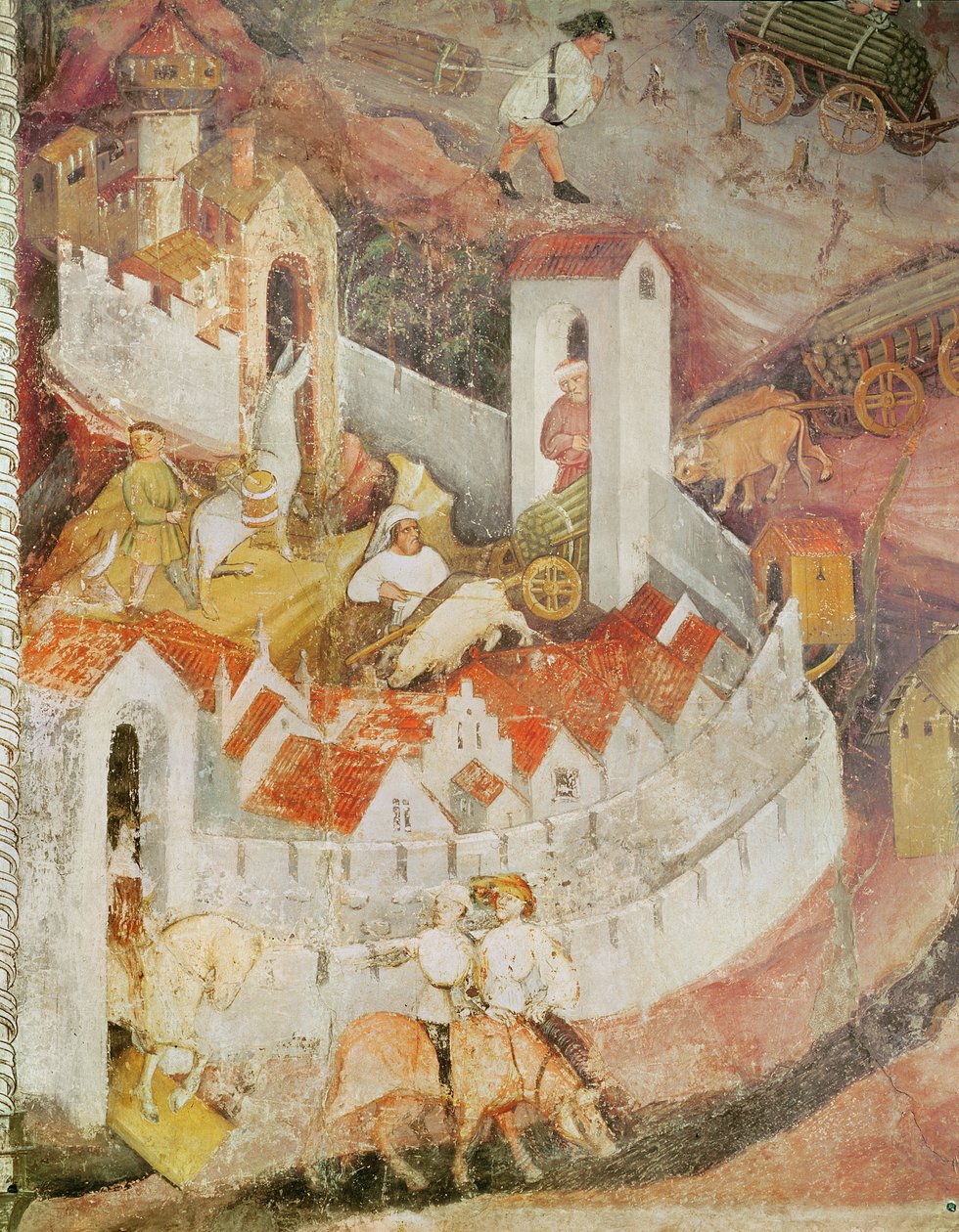 12月、木の幹の輸送の詳細、c.1400 作： ボヘミアンスクール