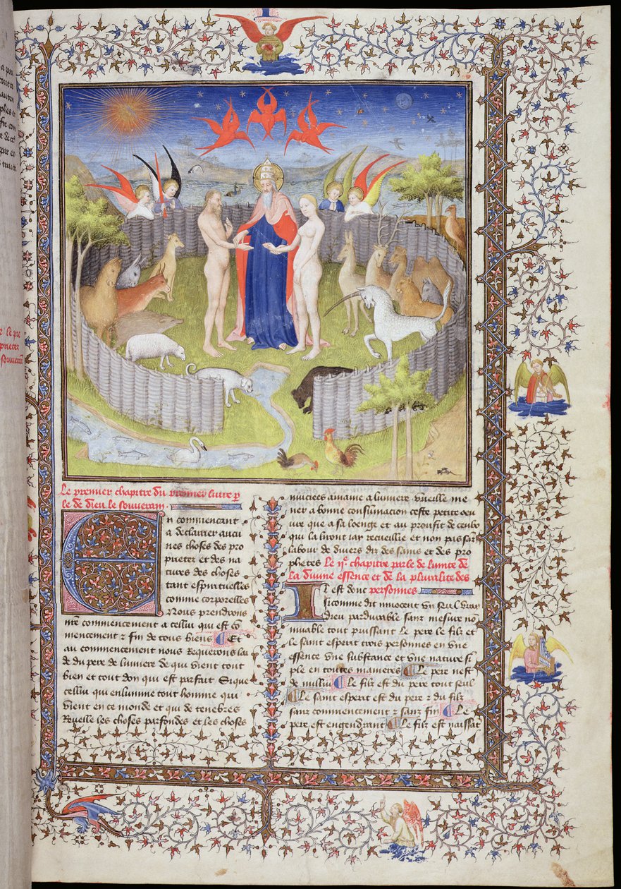 Ms 251 f.16r Jean Corbechonによる「De Proprietes De Chozes」からのアダムとイブの結婚、c.1415（金箔、金インクと羊皮紙のテンペラ）（84914を参照） 作： ブシコーマスター