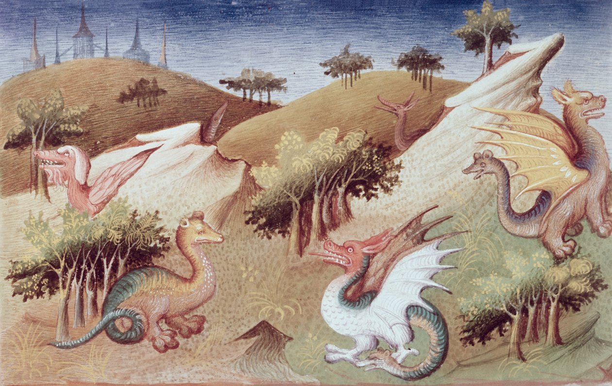 Ms Fr 2810 f.55v、Dragons and other beasts、from &39;Le Livre des Merveilles du Monde&39;、c.1410-12（tempera on vellum） 作： ブシコーマスター