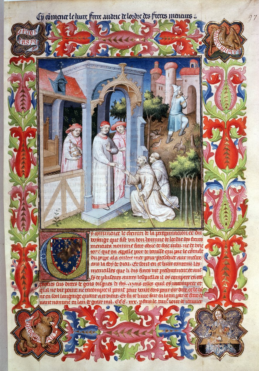 Fr 2810 f.97氏、Odorico da Pordenone、James of Irelandが「リヴルデメルヴェイユデュモンド」c.1410-12（ヴェルムのテンペラ）から法王ジョンXXIIを辞任 作： ブシコーマスター