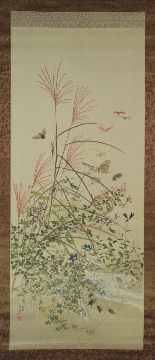 川沿いの秋の花と昆虫、1910年（インクとシルクの色） 作： 前川文rei