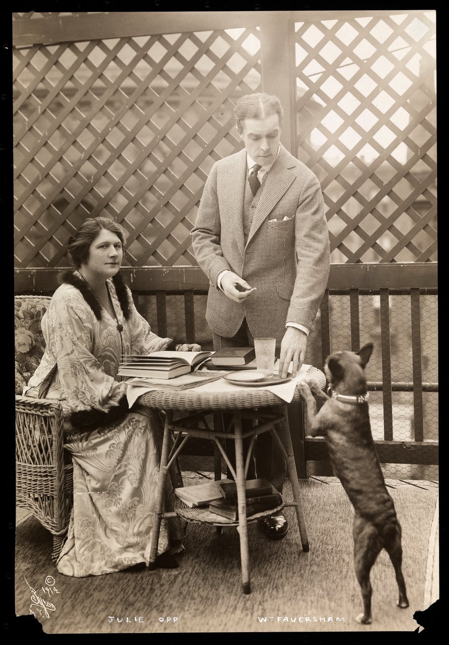 ジュリーオップとウィリアムフェイバーシャムとボストンテリア、1914年（銀ゼラチンプリント） 作： バイロンカンパニー