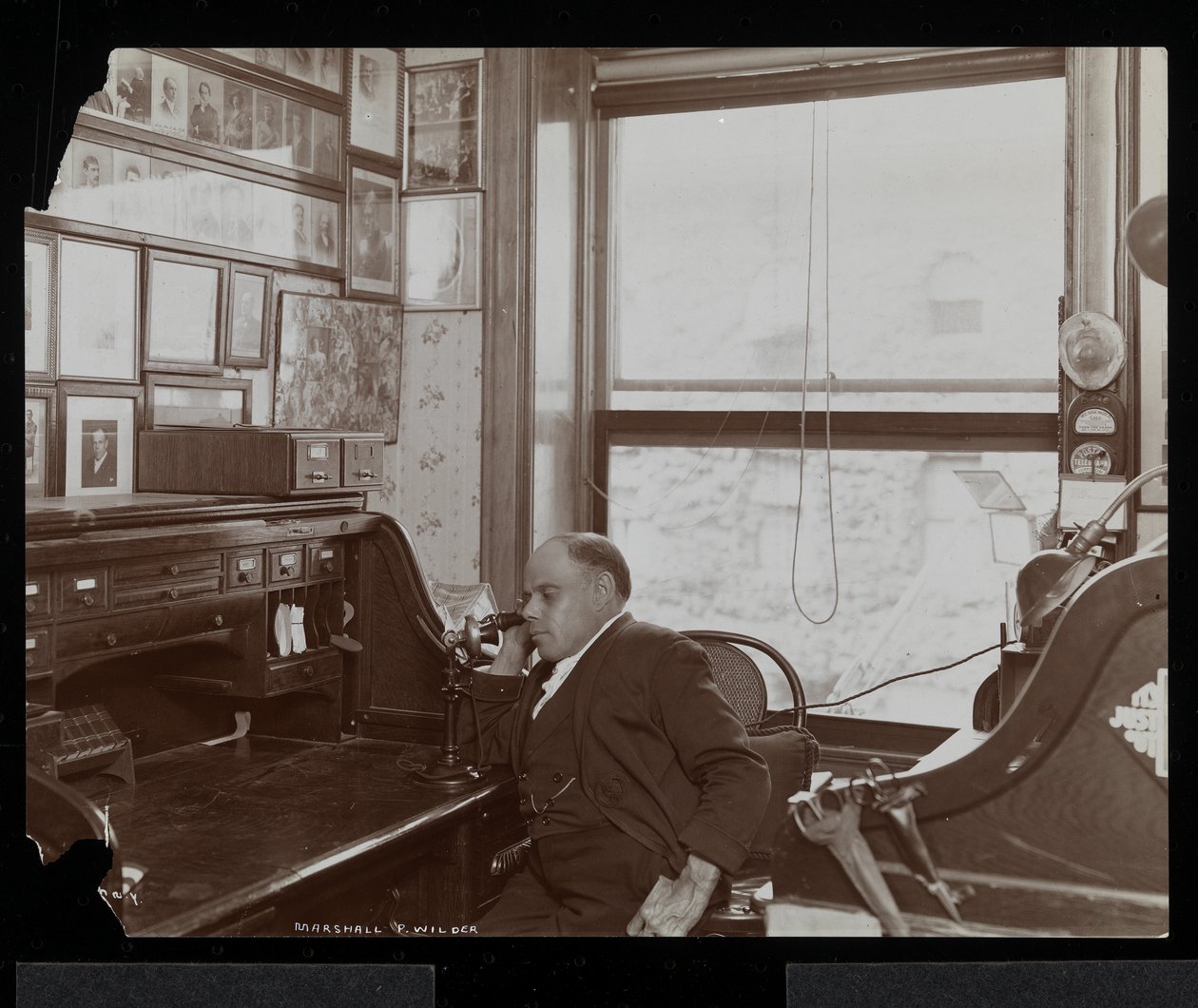 マーシャルP.ワイルダー、1898-99年にオフィスで電話をかけた（銀ゼラチンプリント） 作： バイロンカンパニー