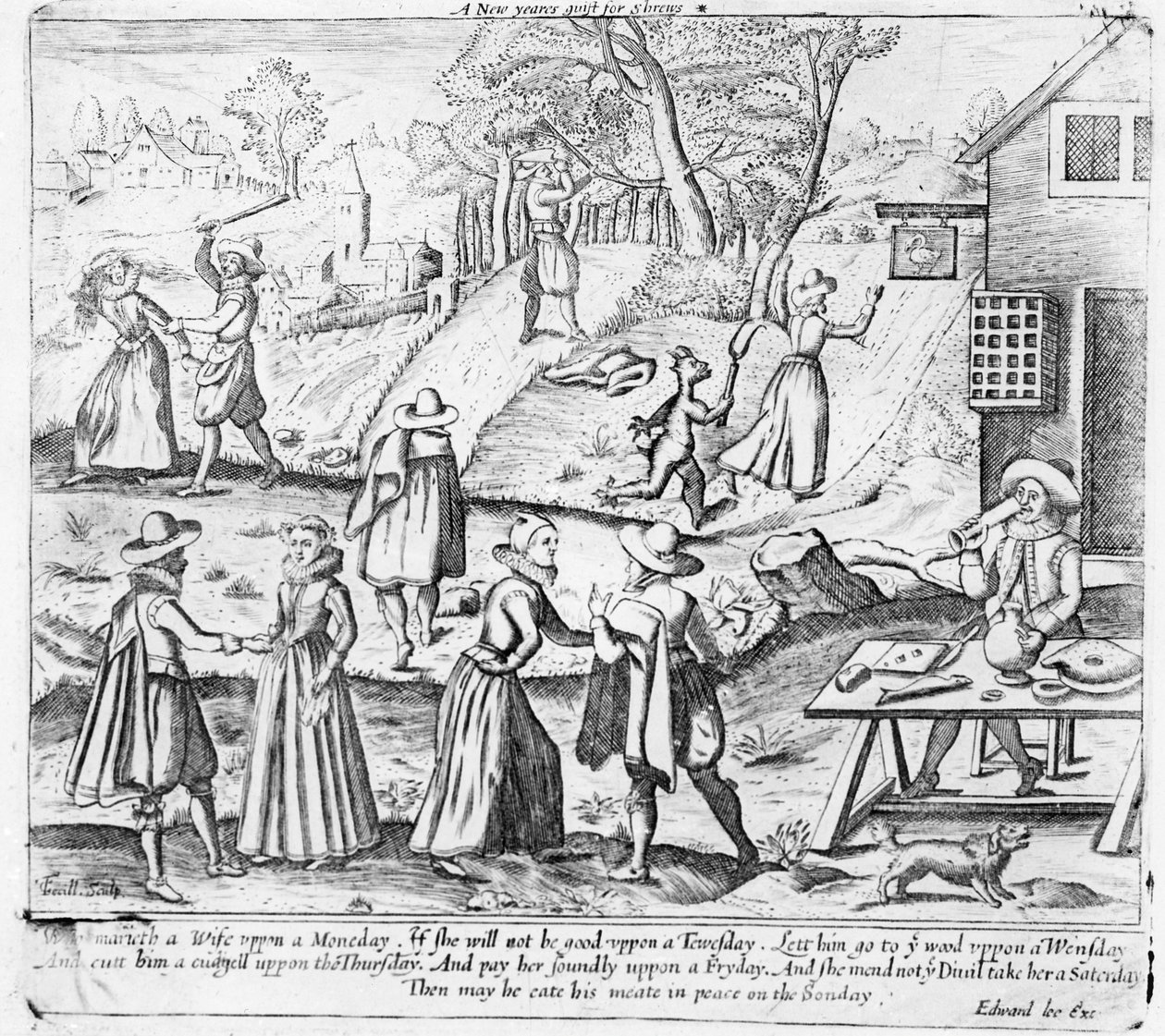 じゃじゃ馬ならしへの新年の贈り物、パブ。エドワード・リー、1620年頃 作： C.テリル