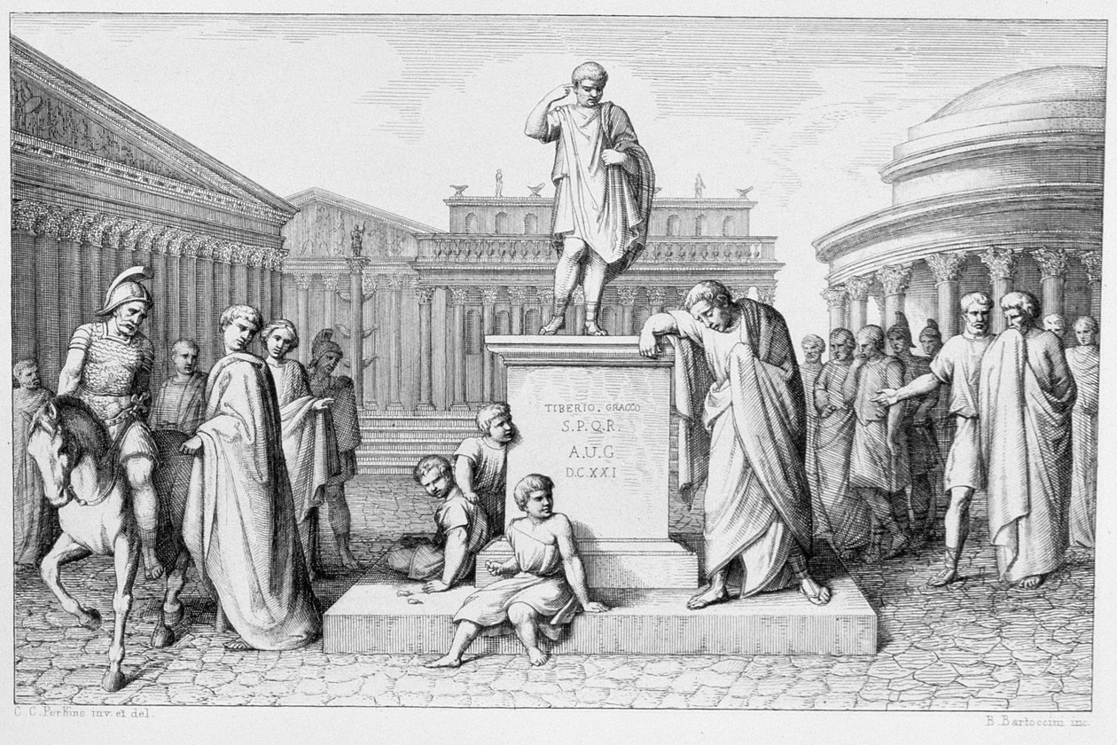 1849年にB.Barlocciniによって彫刻された父の像の前で泣くガイウスグラチュス 作： CCパーキンス