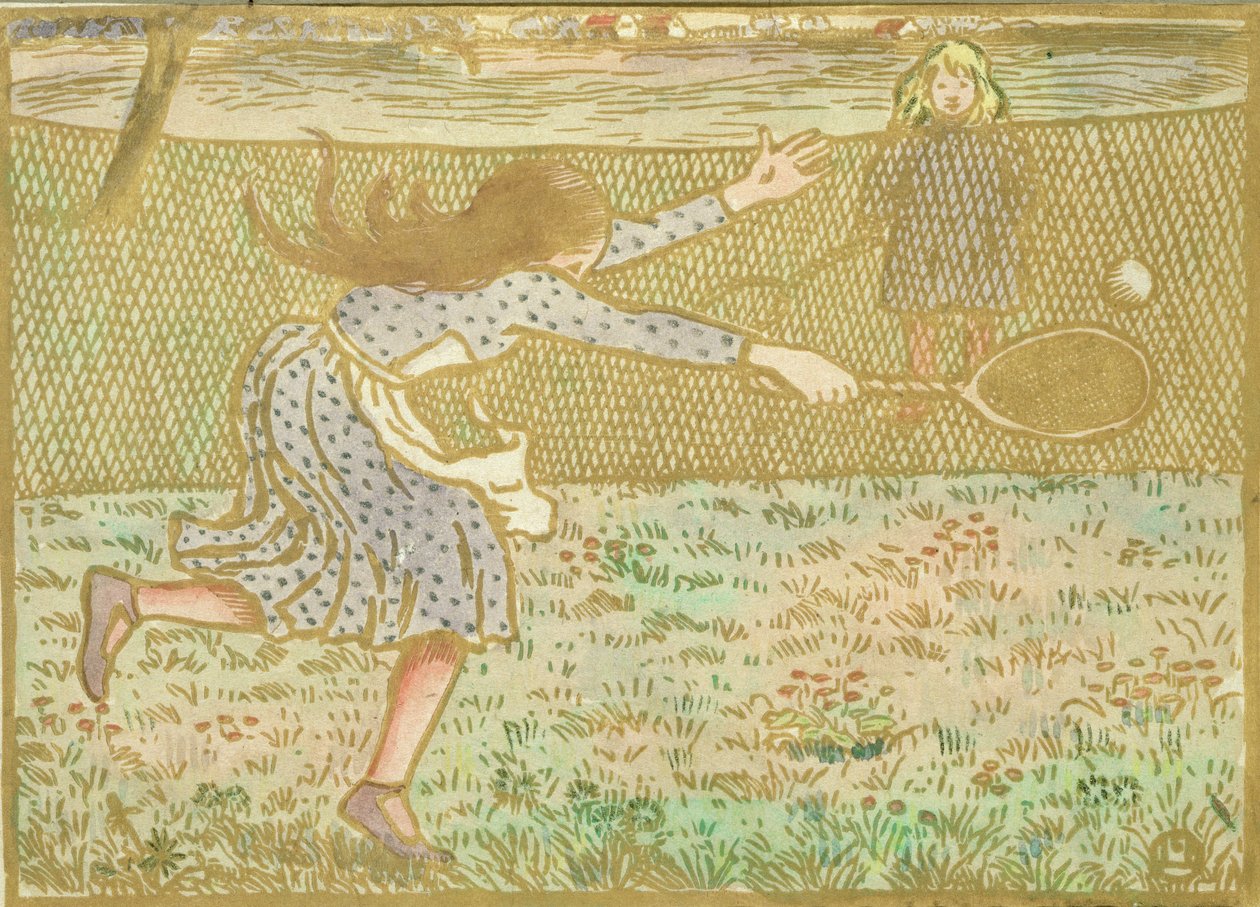 Lucien Pissarro（1863-1944）によって刻まれた &39;1893年から1944年にロンドンで彫刻された&39; Woodcuts in Line and Colours &39;からテニスをしている女の子 作： カミーユ・ジェイコブ・ピサロ
