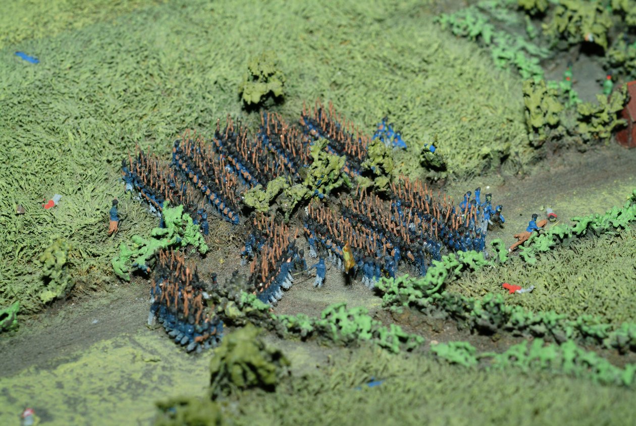 1815年6月18日19.45時に配置された部隊を示すウォータールーの戦いのジオラマ（ミクストメディア）（詳細） 作： 大tウィリアム・シボーン