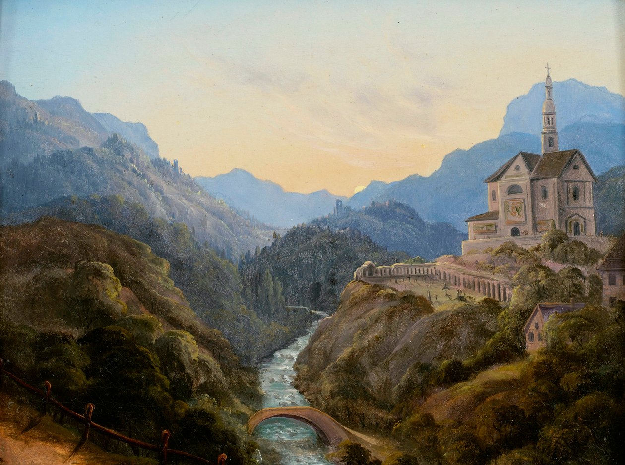 川の谷と修道院の複合体がある夜の山の風景 作： カール・グスタフ・カルス