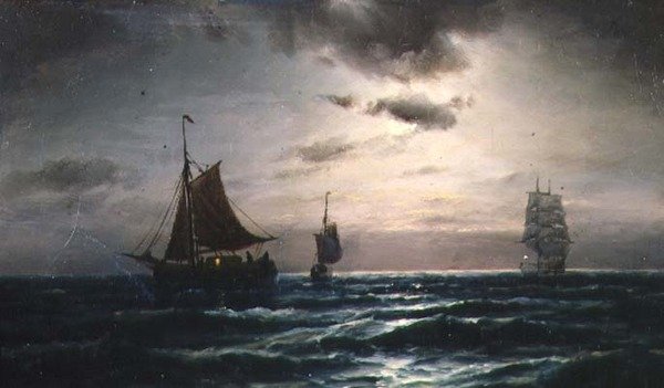 月夜の海に浮かぶ船 作： カール・ビレ