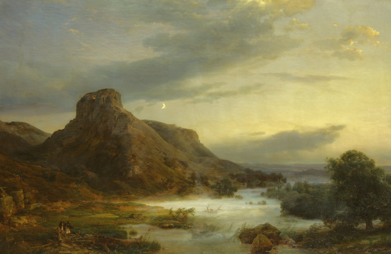 1856年の夕方の霧の中の山 作： カール・フリードリヒ・レッシング