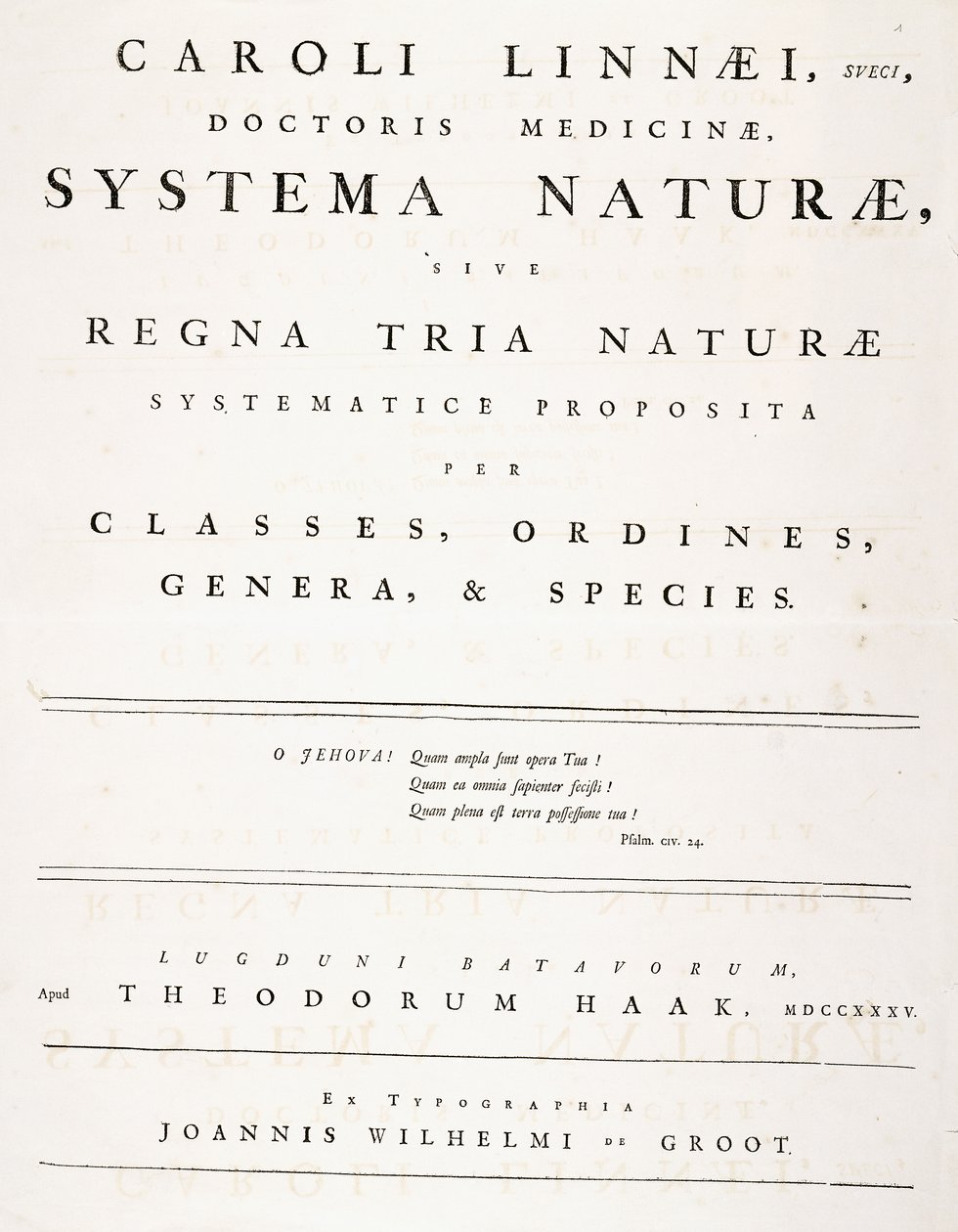「Systemanaturae」のタイトルページ 作： カール・リンネ