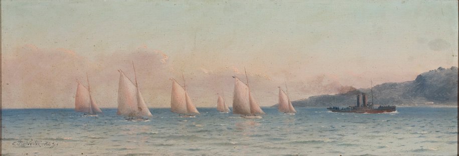 セーリング競技とTowboatnPortugueseのある海景：セーリングレガッタとタグボートを備えた海軍 作： カルロス・バリスター