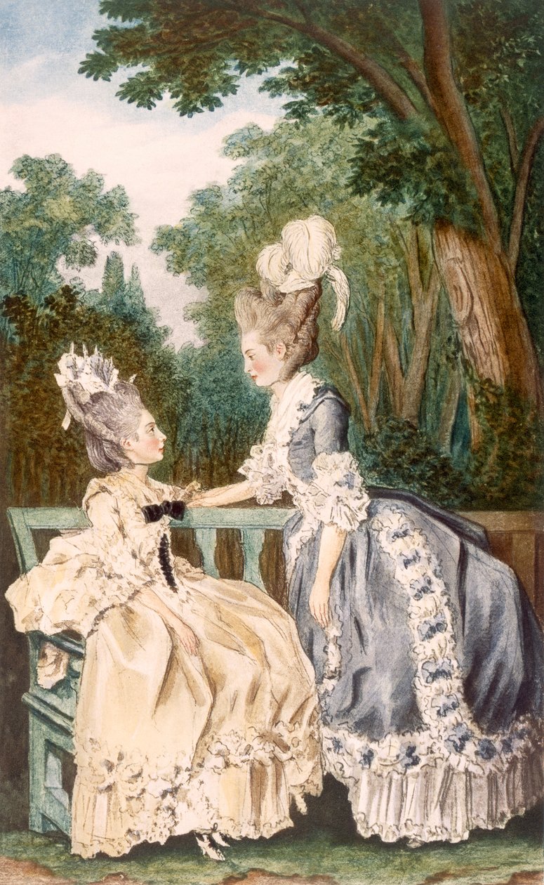 レディースモーニングドレス、1771年（カラー彫刻） 作： ルイ・カロギス・ディ・カルモンテル