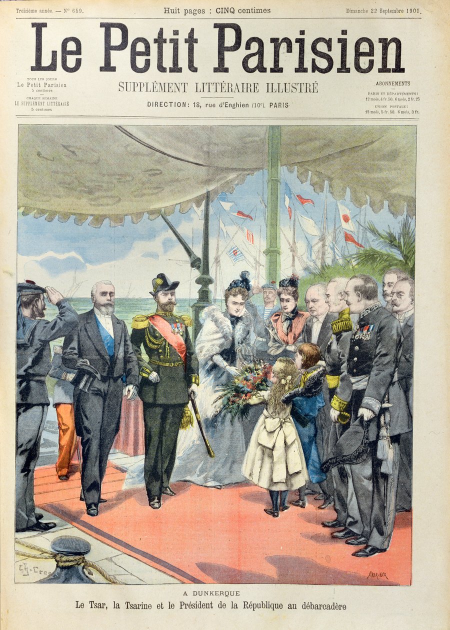 1901年9月22日、「ルプティパリジャン」の表紙であるルベー大統領によって、妻のツァリナアレクサンドラとツァーラニコラ2世がダンケルクで歓迎される 作： キャリー