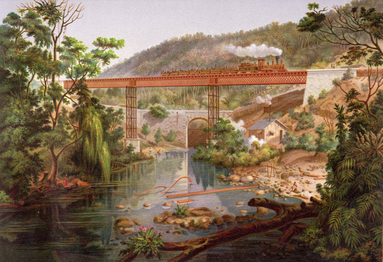 アントニオガルシアキューバスによる「メキシコ鉄道のアルバム」からのアトヤックの鉄道橋、1878年に発行（クロモリト） 作： カシミロカストロ