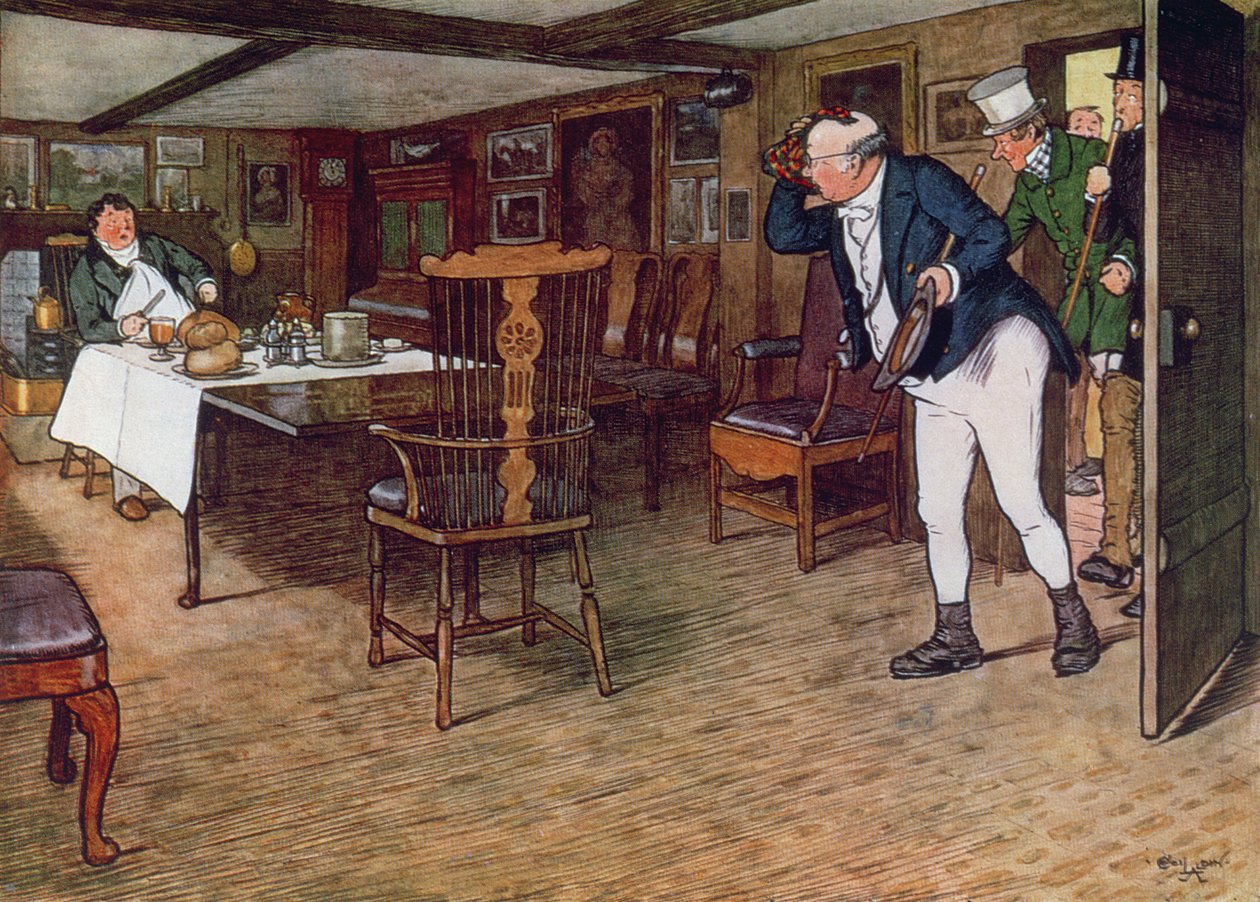 ピックウィック氏は、1910年にコブハムのレザーボトルで昼食をとっているタプマン氏を見つけます（カラー彫刻） 作： セシル・チャールズ・ウィンザー・アルディン