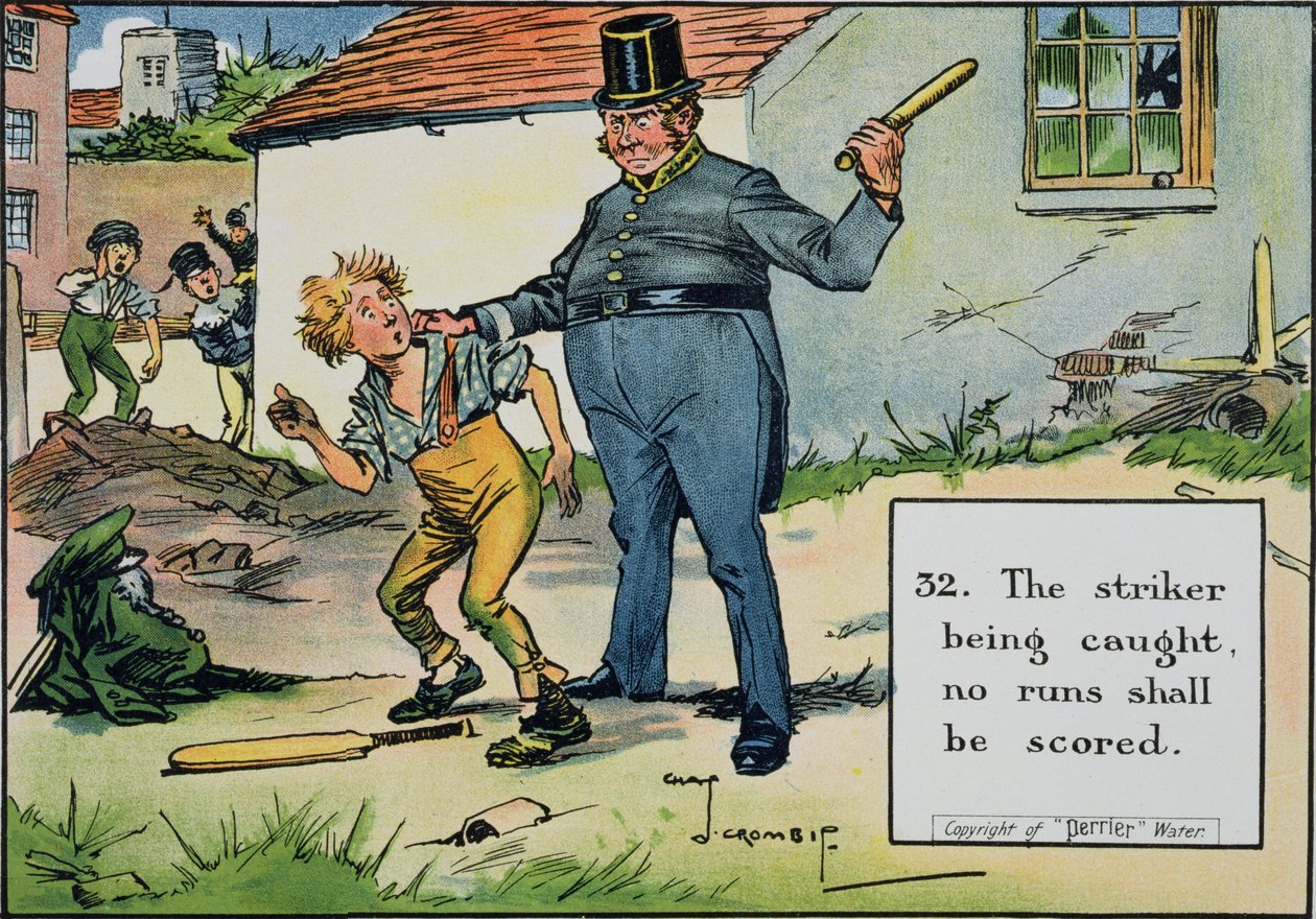 （32）ストライカーが捕まった場合、1910年に発表された「Laws of Cricket」から、ランは記録されません。 作： チャールズクロムビー
