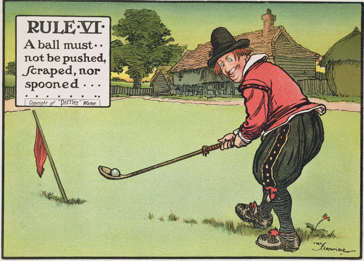 ルールVI：1905年に出版された「Rules of Golf」から、ボールを押したり、こすったり、スプーンで切ったりしてはなりません。 作： チャールズクロムビー