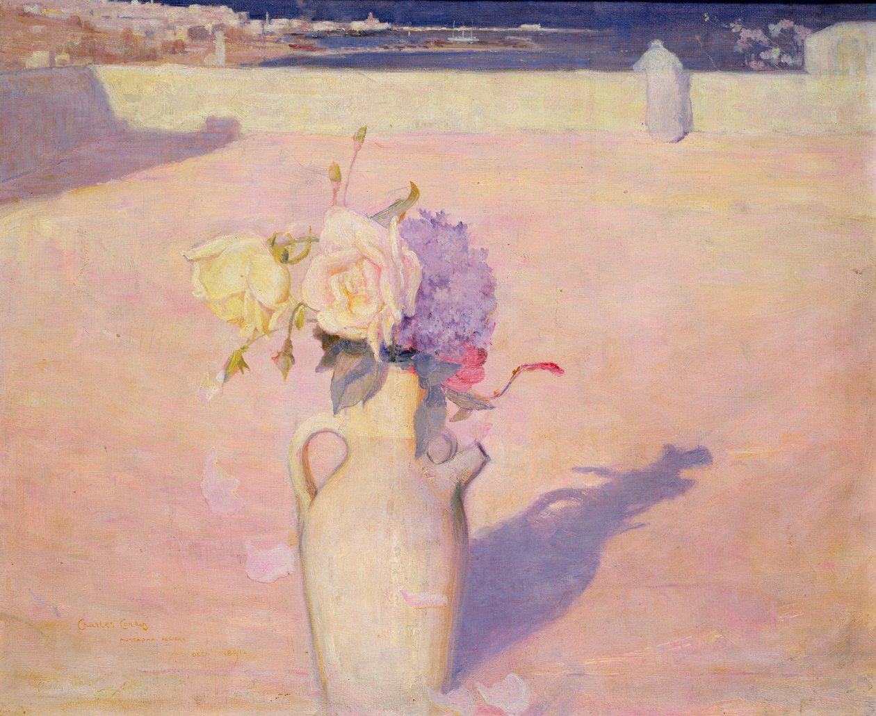 ムスタファを背景にした花瓶に咲く花、アルジェ、1891 作： チャールズ・エドワード・コンダー