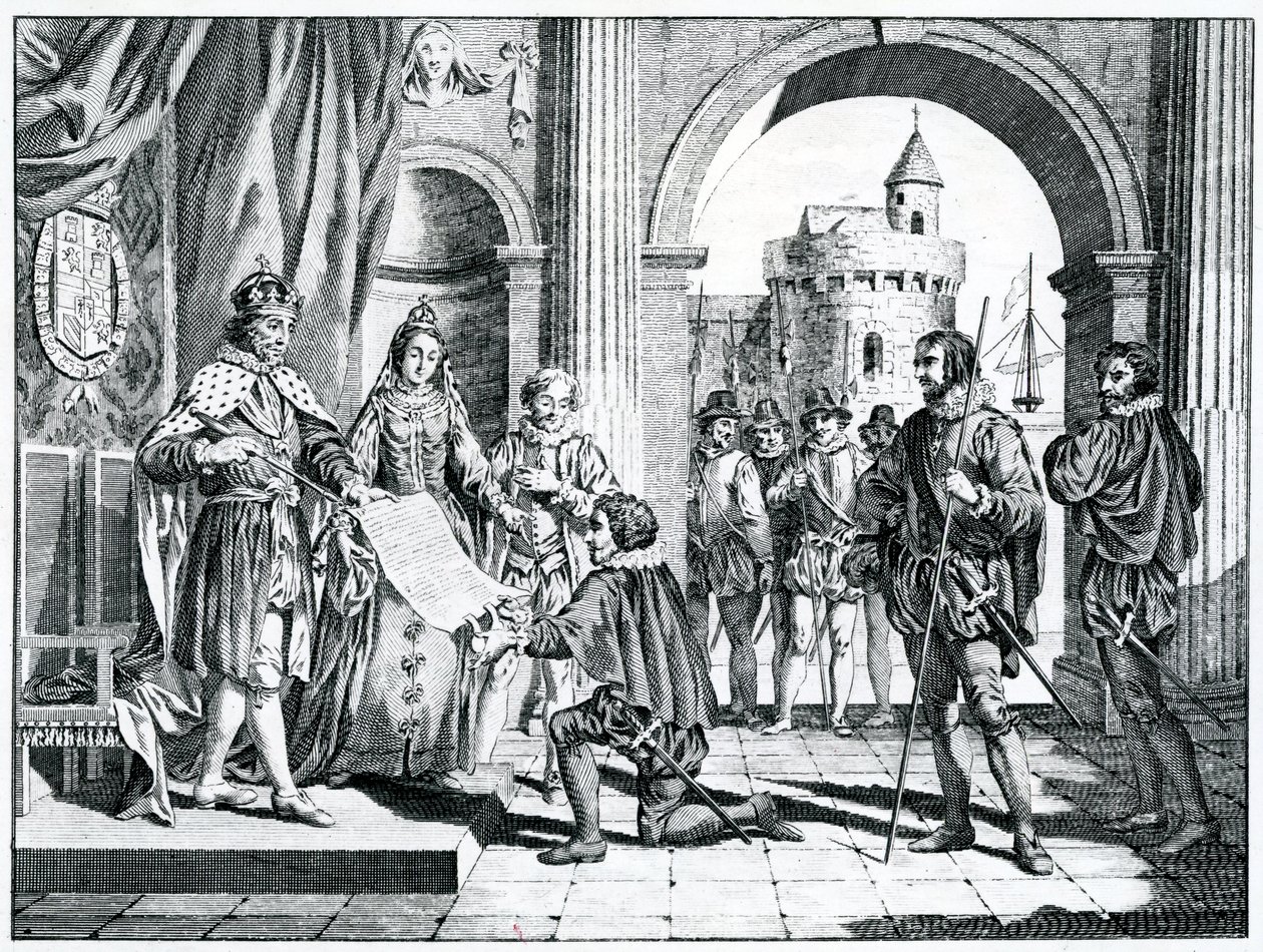 クリストファーコロンブス（1451〜1506年）がスペインの王と女王にアメリカの発見を記した 作： チャールズグリニオン