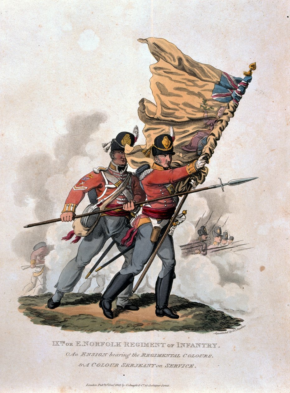 Colnaghi und Co. 1812-15によって発行されたJCスタドラーによって刻まれた「大英帝国軍のコスチューム、最後の規則1812による」から、第9、またはEノーフォーク連隊の歩兵。 作： チャールズハミルトンスミス