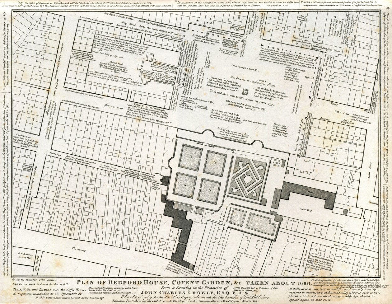 1690年頃に描かれたベッドフォードハウスとコヴェントガーデンの庭園の平面図とその後の注釈 作： チャールズ・ジョン・クロウル