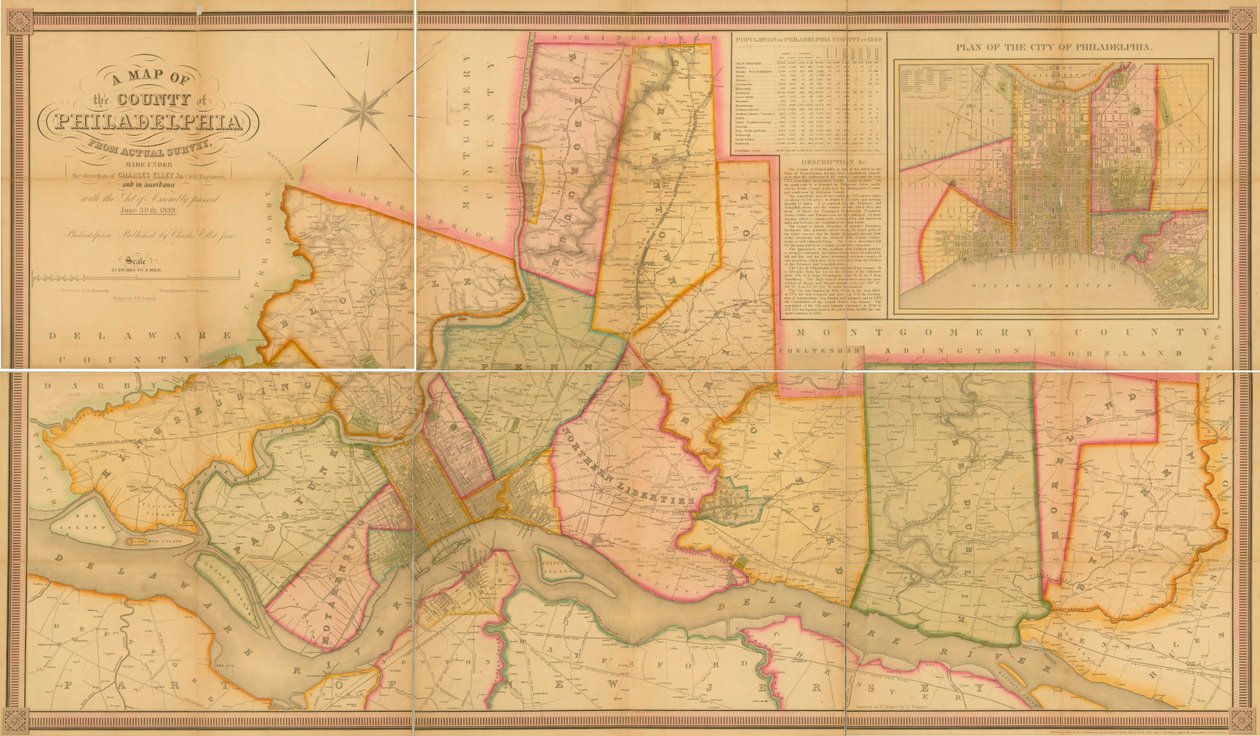 実際の調査によるフィラデルフィア郡の地図、1843年（手描きの彫刻） 作： チャールズ・ジュニア・エレット