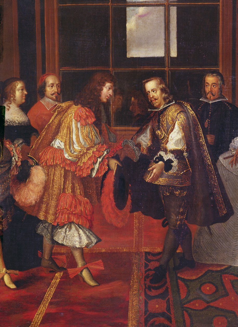 1660年6月7日、ルイ14世とフィリップ4世の会が1660年6月7日、フランス王ルイ14世と彼の叔父フィリップ4世、スペイン王キングナバールの詳細を背景に 作： チャールズ・ル・ブラン