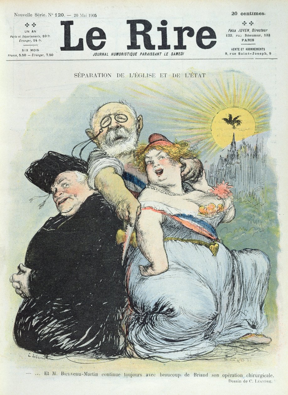 1905年5月20日の「Le Rire」誌からの似顔絵、教会と国家を隔てるジャンバティストビエンヴヌマルタン（1847-1943） 作： チャールズ・ランドレ