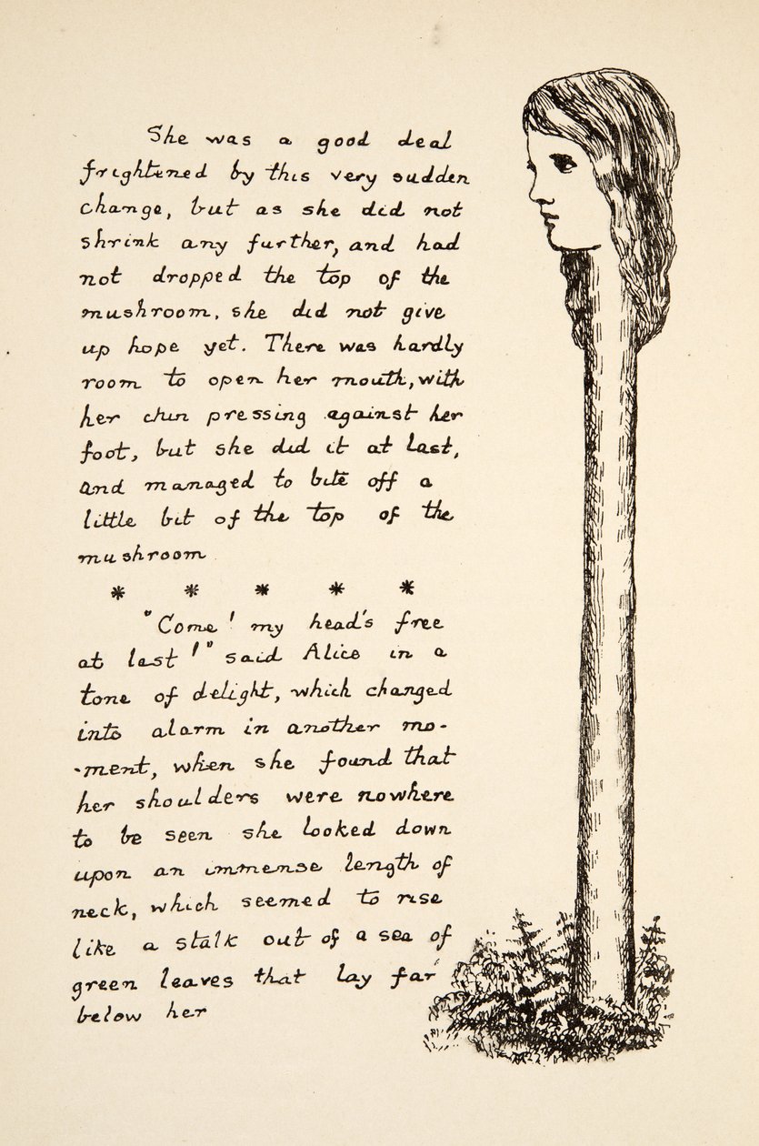 キノコをたくさん食べた後、アリスの首が伸びます。イラストは、パブのAlices Adventures Under Groundです。 1886（ファクシミリ） 作： チャールズ・ルトウィッジ・ドジソン