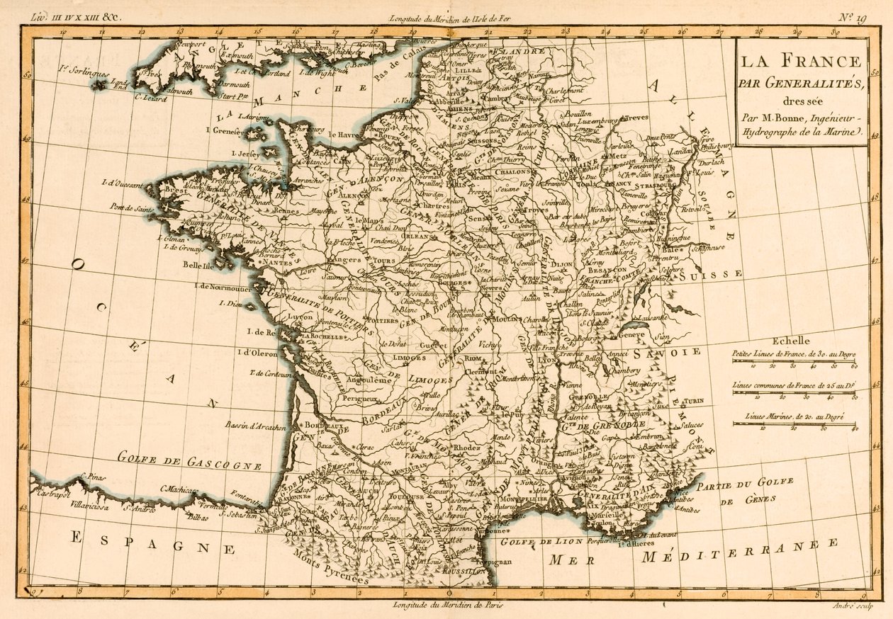 地域別のフランス、ギヨーム・レイナル（1713-96）による「地球のすべての既知の部分の地図」から1780年に出版 作： チャールズ・マリー・リゴバート・ボン